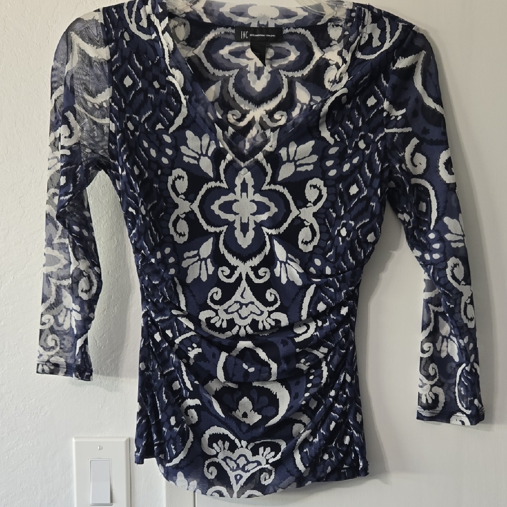 INC Collection Blue and White Floral Mesh Blouse